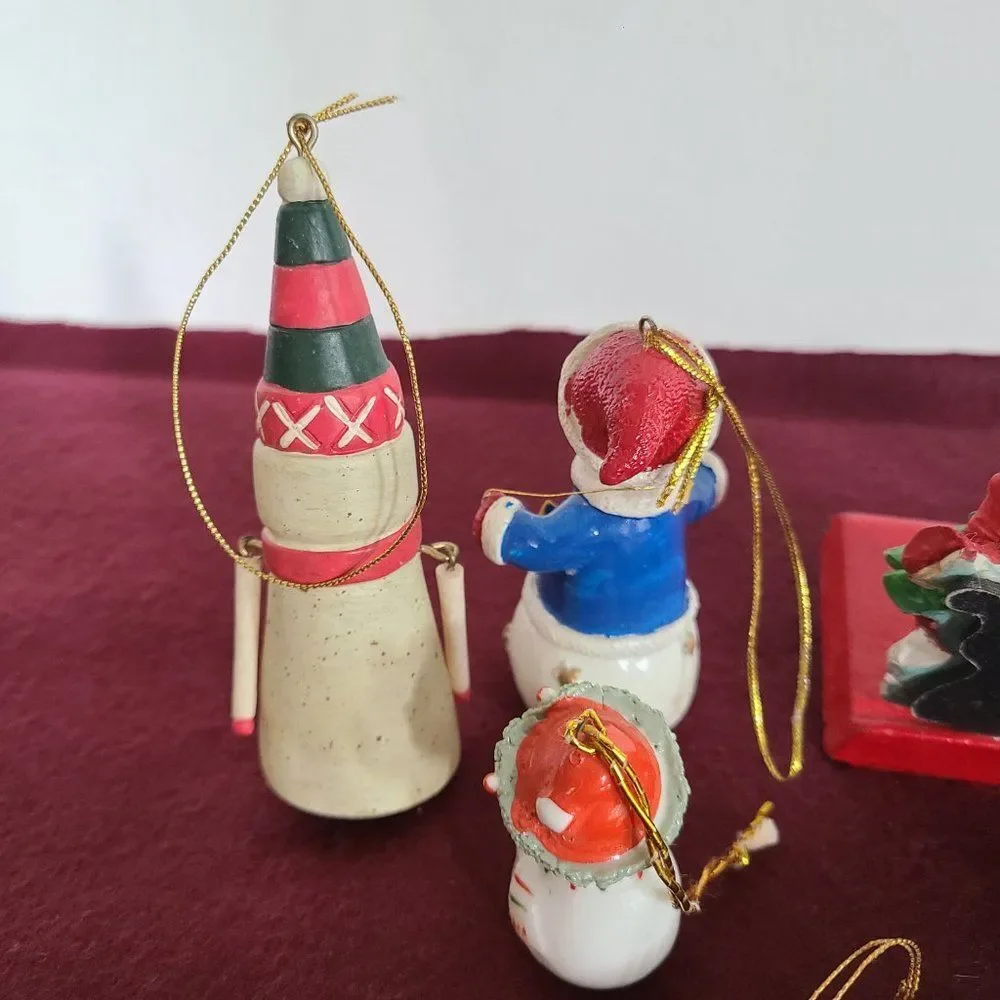 Vintage Winter Snowman Christmas Ornaments and Stocking Hanger Bundle of 8